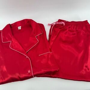 NEW PINKK Red Satin Pajama Set Long Sleeve Top‎ Pants Loungewear L Valentine